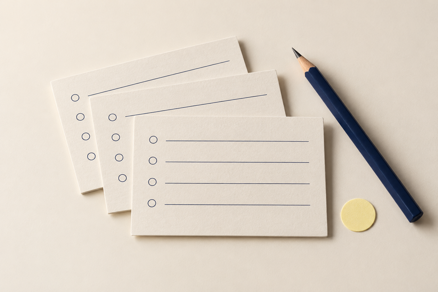 Cream survey cards and a navy pencil, ready to organize your questions